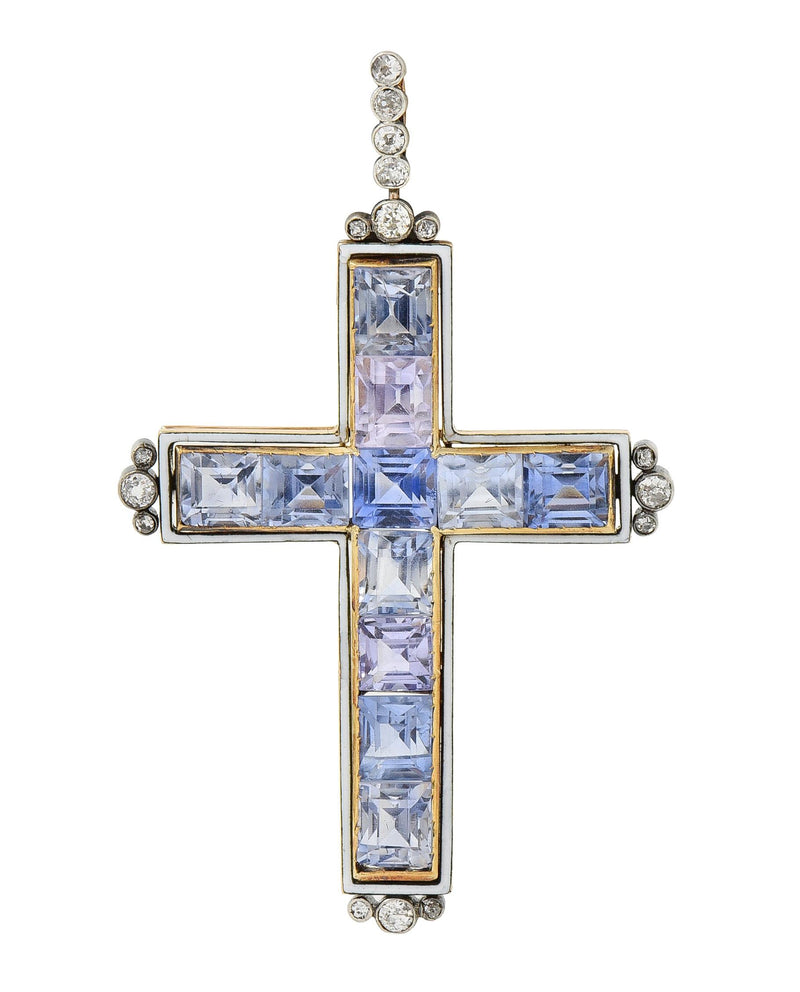 Victorian 20.87 CTW Sapphire Diamond Enamel Silver 14 Karat Gold Cross Pendant