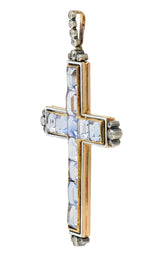 Victorian 20.87 CTW Sapphire Diamond Enamel Silver 14 Karat Gold Cross Pendant