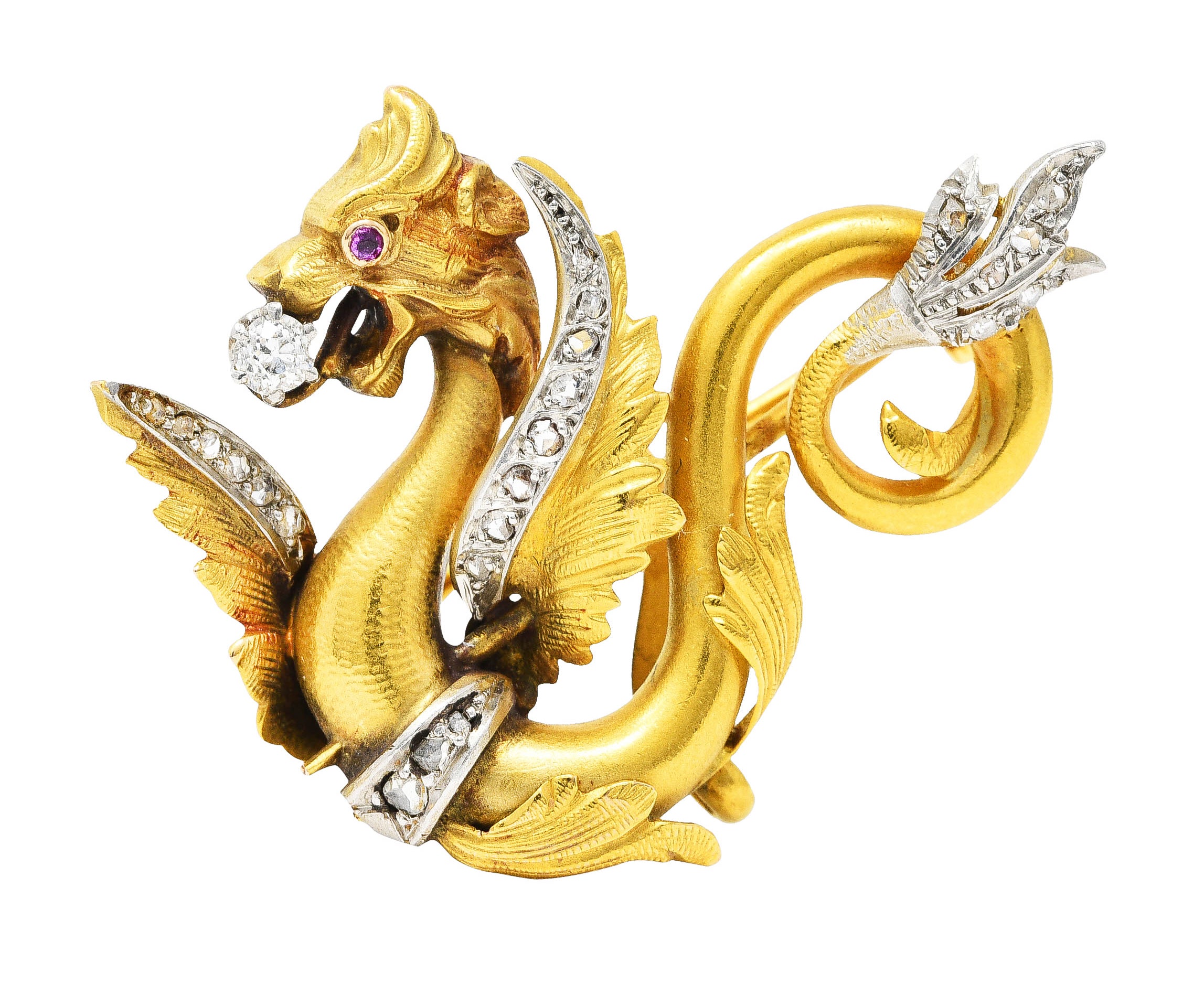 .11111 Art Nouveau Diamond Ruby Platinum-Topped 14 Karat Yellow Gold Scrolling Dragon Antique Pendant Brooch Wilson's Estate Jewelry