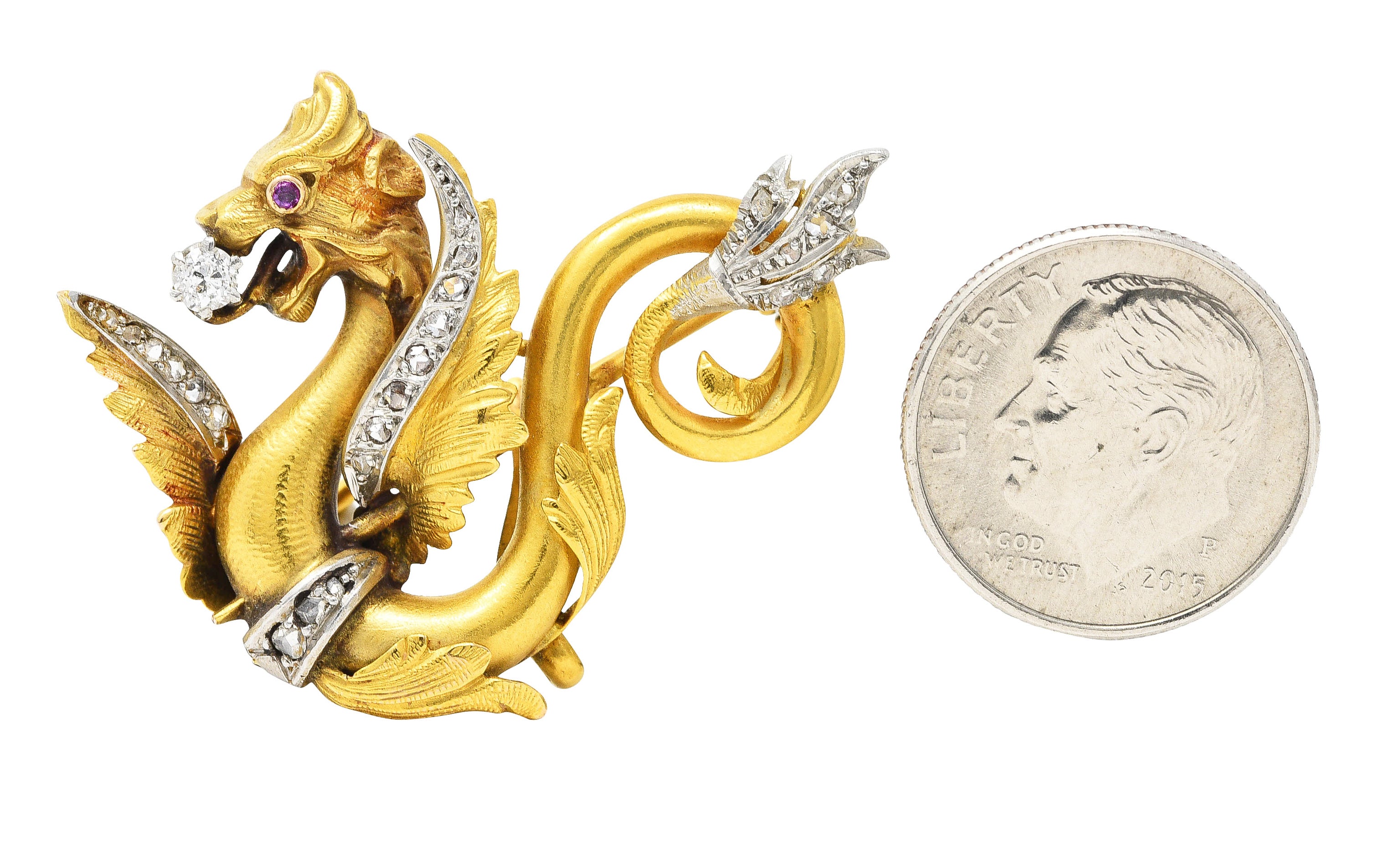 .11111 Art Nouveau Diamond Ruby Platinum-Topped 14 Karat Yellow Gold Scrolling Dragon Antique Pendant Brooch Wilson's Estate Jewelry