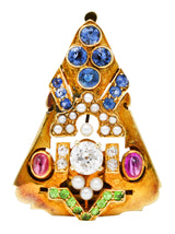 Art Deco Diamond Sapphire Ruby Pearl 14 Karat Gold Brooch ClipBrooch - Wilson's Estate Jewelry