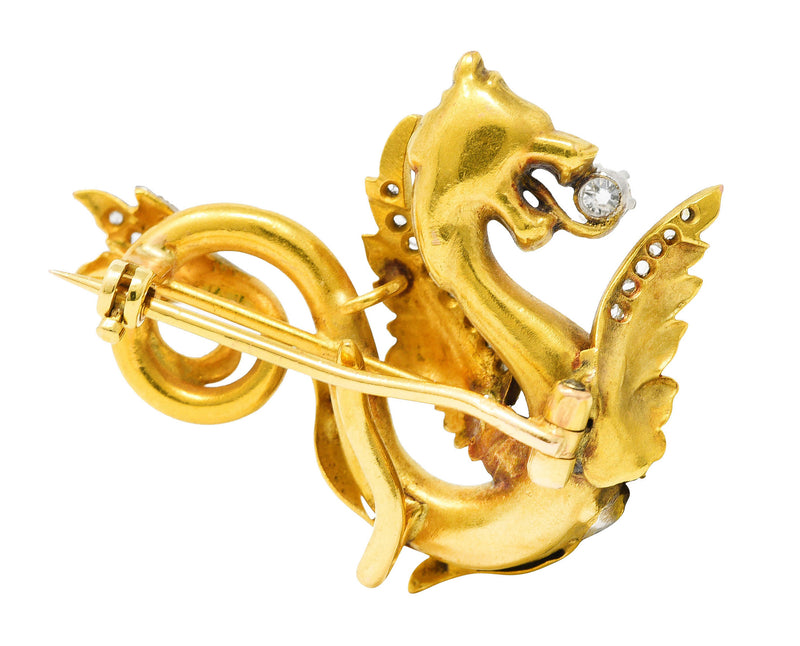 .11111 Art Nouveau Diamond Ruby Platinum-Topped 14 Karat Yellow Gold Scrolling Dragon Antique Pendant Brooch Wilson's Estate Jewelry