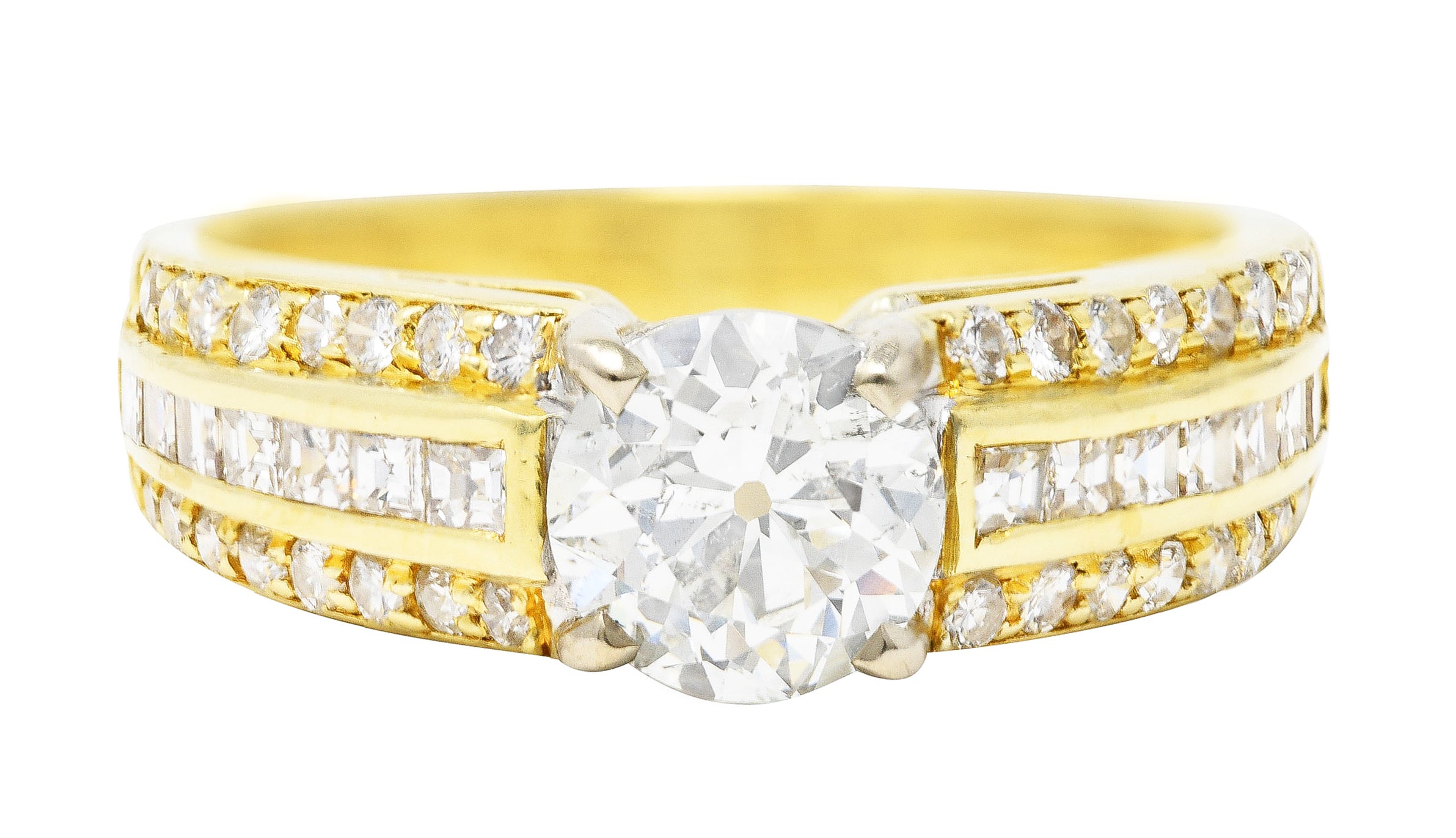 1.50 CTW Old European Cut Diamond 18 Karat Two-Tone Gold Unisex Channel Engagement Ring Wilson's Estate Jewelry
