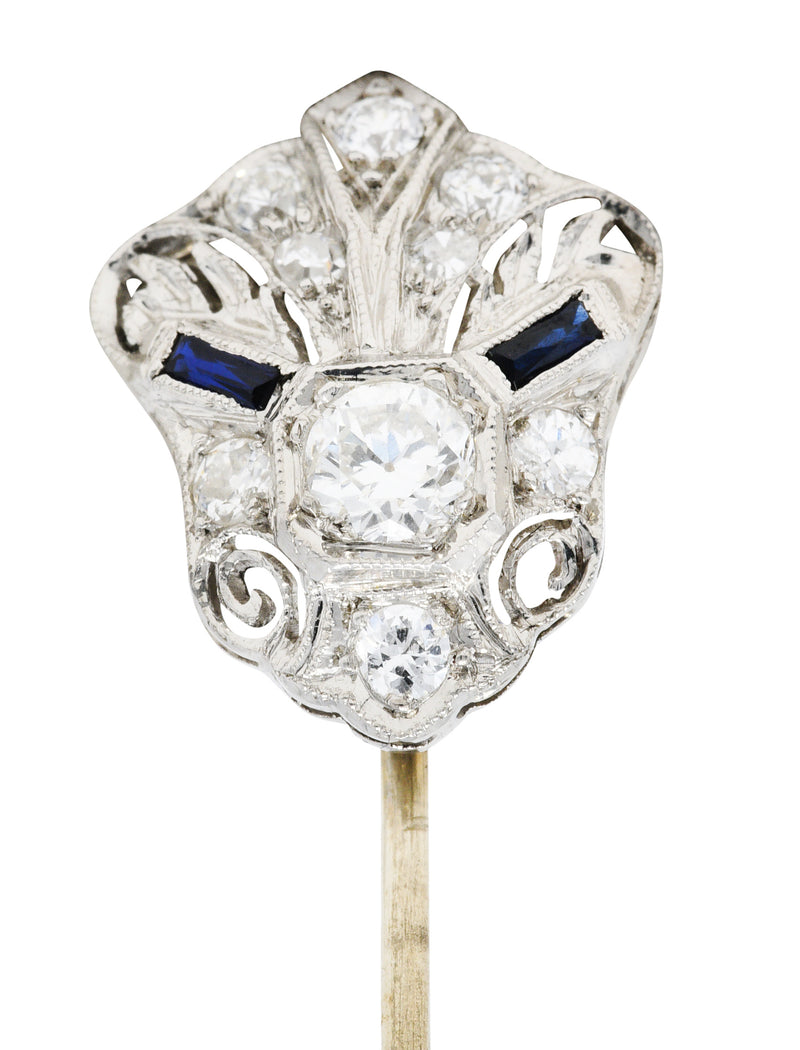 Art Deco Sapphire 0.57 CTW Diamond Platinum Cartouche StickpinStick Pin - Wilson's Estate Jewelry