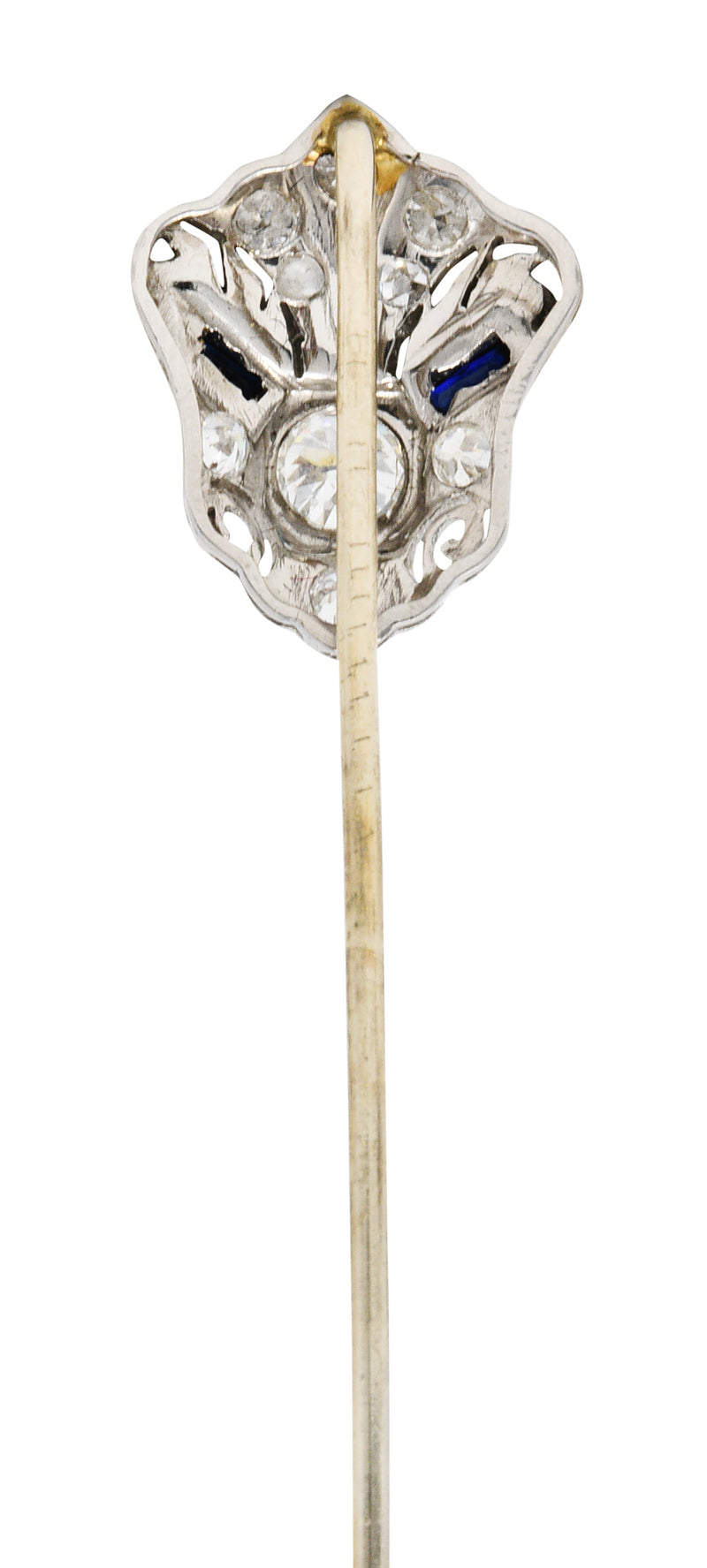 Art Deco Sapphire 0.57 CTW Diamond Platinum Cartouche StickpinStick Pin - Wilson's Estate Jewelry