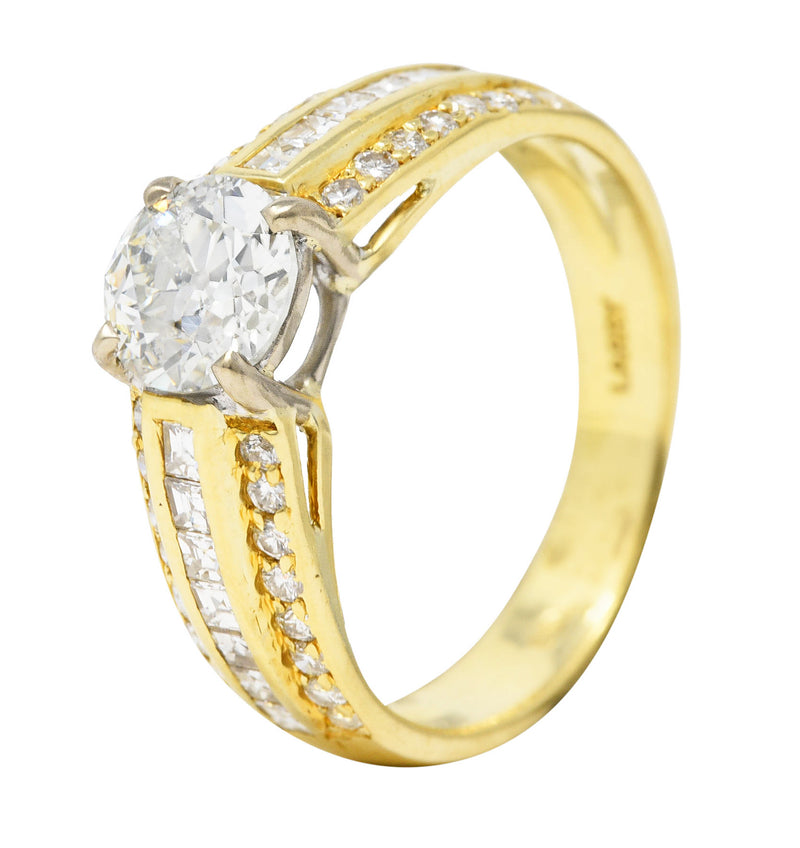 1.50 CTW Old European Cut Diamond 18 Karat Two-Tone Gold Unisex Channel Engagement Ring Wilson's Estate Jewelry