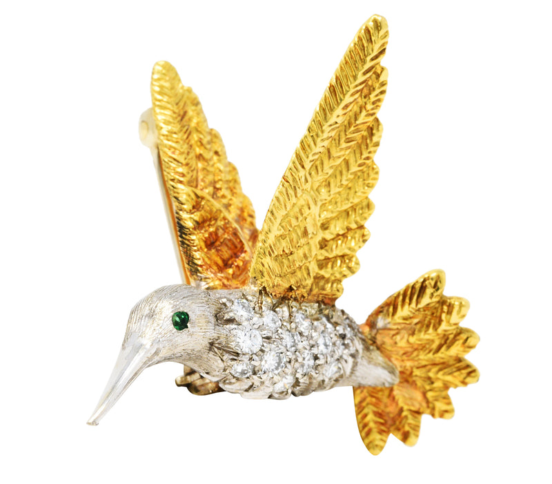 1970's Vintage Emerald Diamond 18 Karat Two-Tone Gold Hummingbird BroochBrooch - Wilson's Estate Jewelry