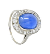 Art Deco 6.32 CTW No Heat Burma Sapphire Diamond Platinum Halo Ring AGL
