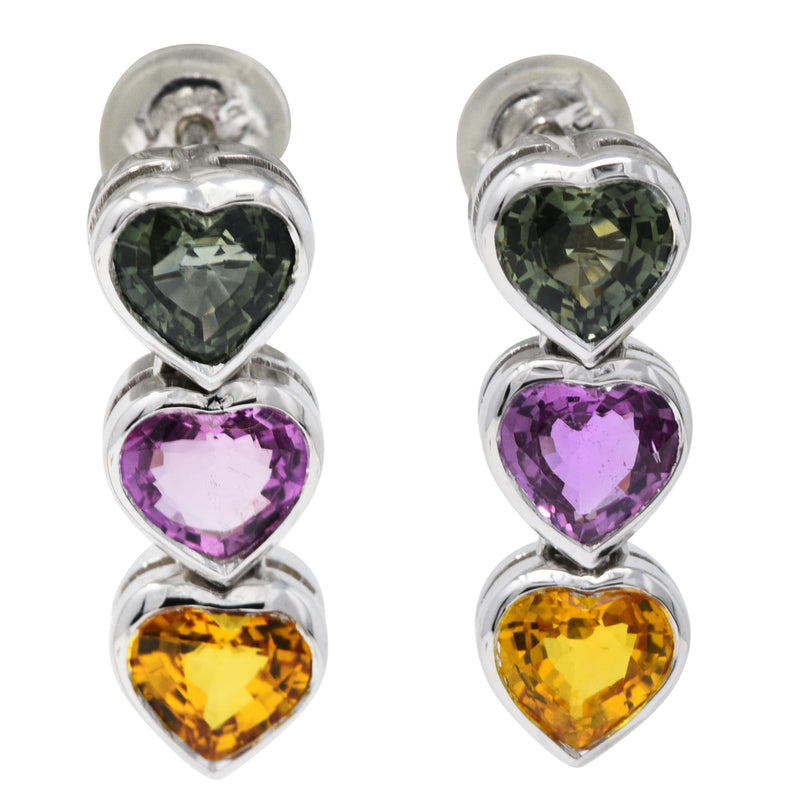 Contemporary 4.10 CTW Fancy Colored Sapphire 18 Karat White Gold Heart Drop EarringsEarrings - Wilson's Estate Jewelry