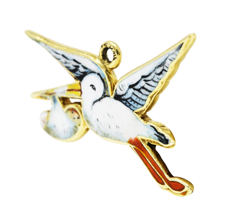 Retro Enamel 14 Karat Gold Stork Delivery Charmcharm - Wilson's Estate Jewelry