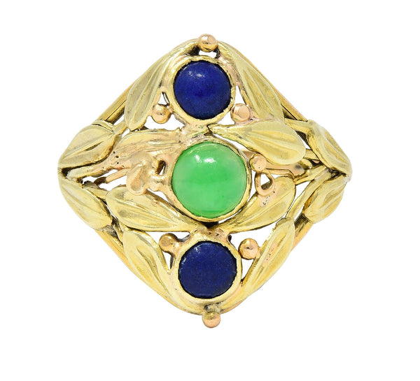 Arts & Crafts Jade Lapis Lazuli 14 Karat Two-Tone Gold Foliate Navette Ring