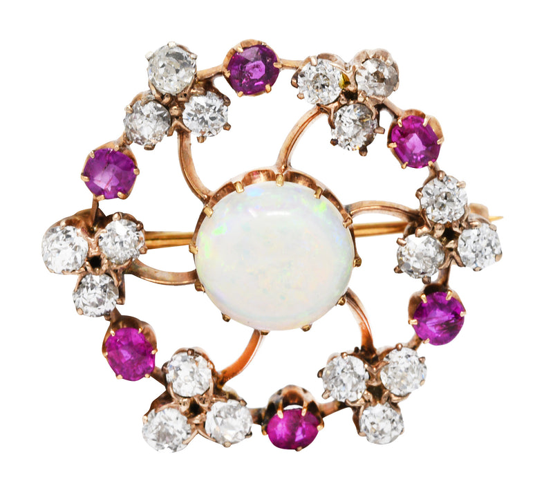 Victorian Opal 2.00 CTW Ruby Diamond 14 Karat Gold Spiral Wreath BroochBrooch - Wilson's Estate Jewelry