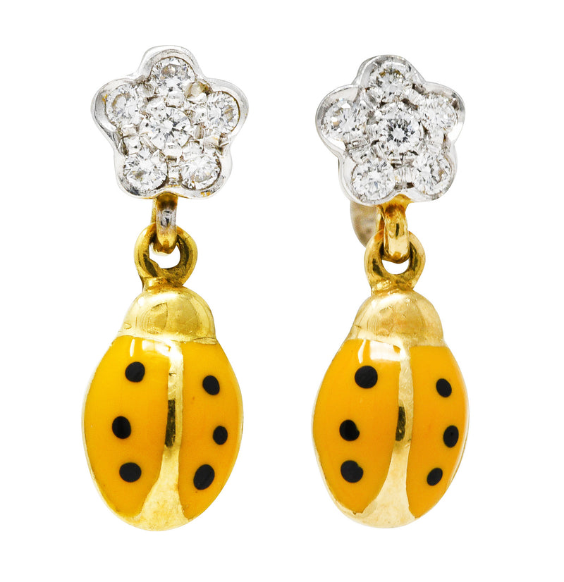 Aaron Basha Diamond Orange Enamel 18 Karat Two-Tone Ladybug Drop Earrings Wilson's Estate Jewelry