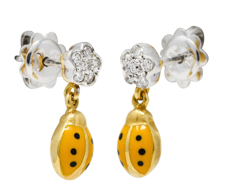 Aaron Basha Diamond Orange Enamel 18 Karat Two-Tone Ladybug Drop Earrings Wilson's Estate Jewelry
