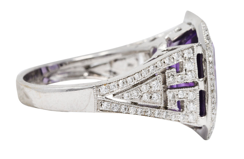 Contemporary Amethyst Diamond 18 Karat White Gold Greek Key RingRing - Wilson's Estate Jewelry