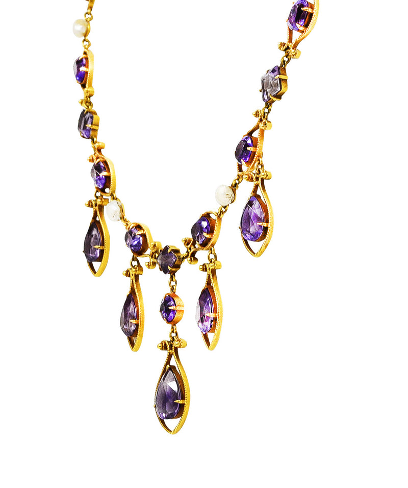 Victorian Amethyst Tourmaline Pearl 14 Karat Yellow Gold Filigree Drop NecklaceNecklace - Wilson's Estate Jewelry