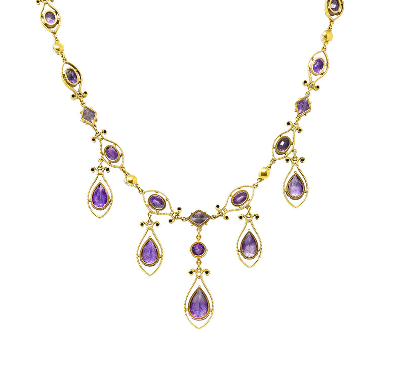 Victorian Amethyst Tourmaline Pearl 14 Karat Yellow Gold Filigree Drop NecklaceNecklace - Wilson's Estate Jewelry