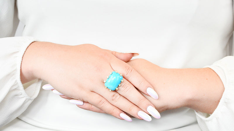 Modernist Turquoise Cabochon 0.30 CTW Diamond 18 Karat Gold RingRing - Wilson's Estate Jewelry