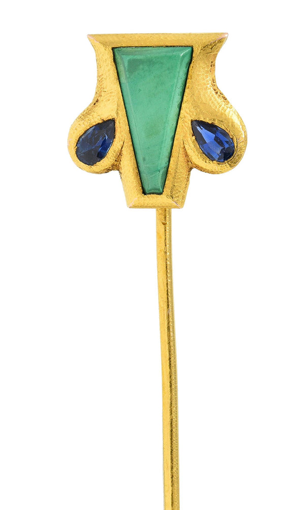 Art Nouveau Malachite Sapphire 14 Karat Yellow Gold Shield Antique Stickpin