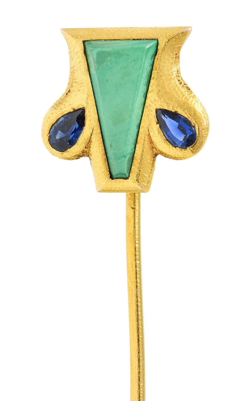 Art Nouveau Malachite Sapphire 14 Karat Yellow Gold Shield Antique Stickpin