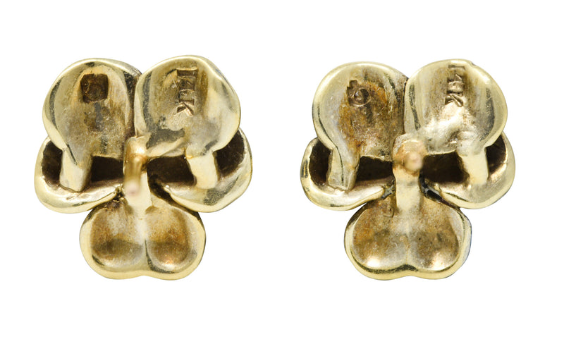 Art Nouveau Pearl Enamel 14 Karat Yellow Gold Antique Pansy Stud Crane & Theurer Earrings Wilson's Estate Jewelry