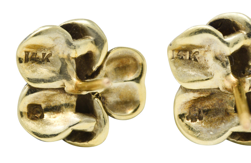 Art Nouveau Pearl Enamel 14 Karat Yellow Gold Antique Pansy Stud Crane & Theurer Earrings Wilson's Estate Jewelry
