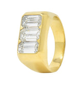 3.48 CTW Flush Emerald Cut Diamond 18 Karat Yellow Gold Vintage Three Stone Ring