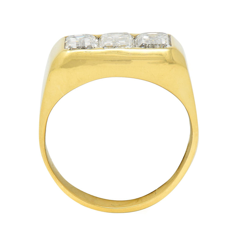 3.48 CTW Flush Emerald Cut Diamond 18 Karat Yellow Gold Vintage Three Stone Ring