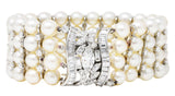 1950's Mid-Century 8.00 CTW Diamond Cultured Pearl Platinum Vintage Multi-Strand Statement Bracelet Wilson's Estate Jewelry