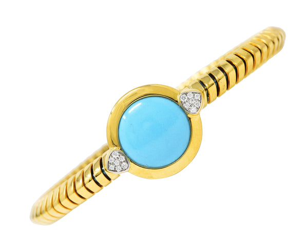 Marina B. Contemporary Diamond Turquoise Platinum 18 Karat Yellow Gold Soleil Vintage Tubogas Cuff Wilson's Estate Jewelry