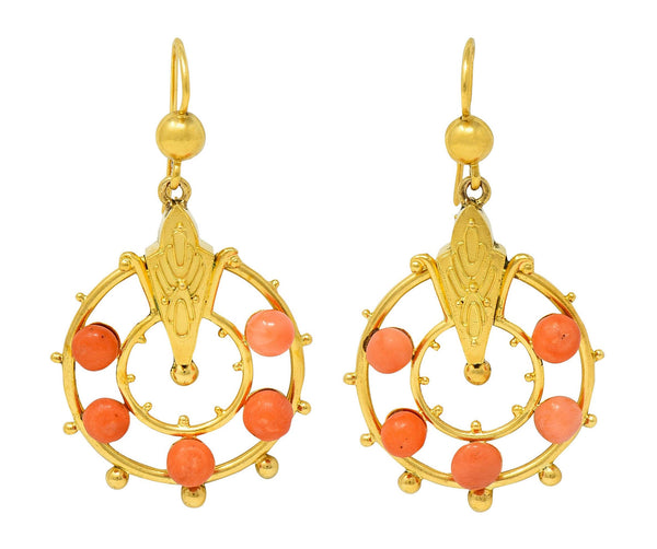 Victorian Etruscan Revival Coral 18 Karat Yellow Gold Antique Drop Earrings