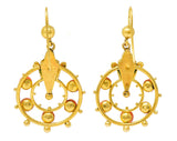 Victorian Etruscan Revival Coral 18 Karat Yellow Gold Antique Drop Earrings