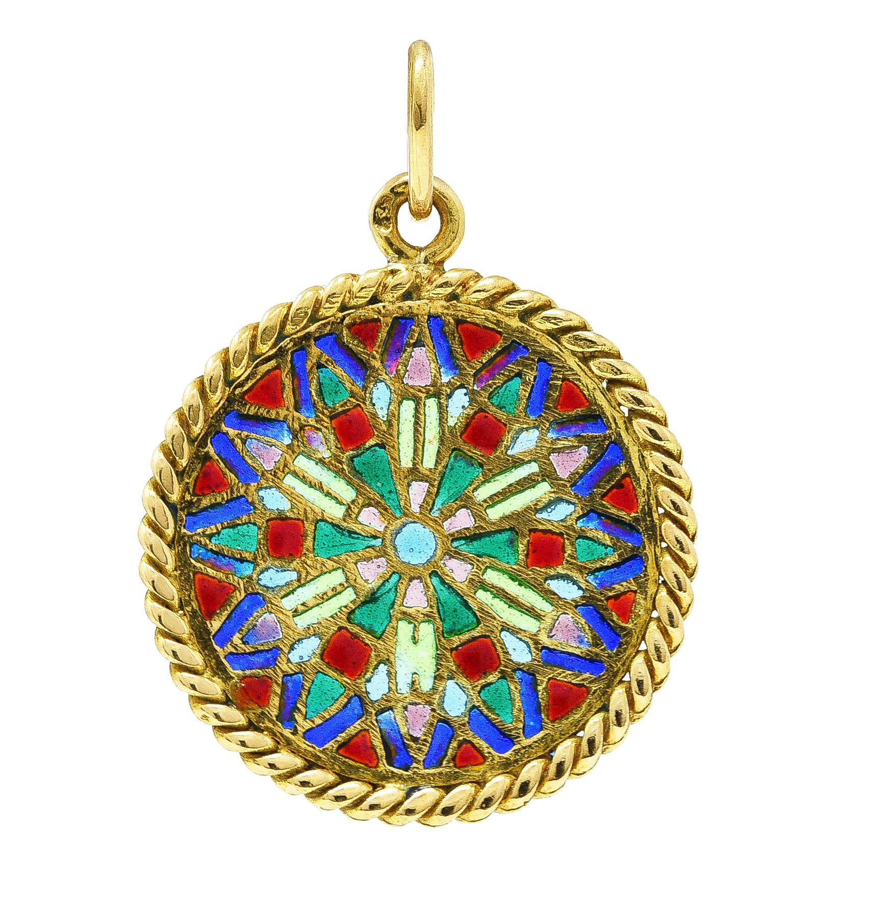 French Vintage Plique-A-Jour Enamel 18 Karat Yellow Gold Rose Window Charm Wilson's Estate Jewelry