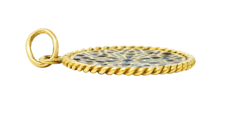 French Vintage Plique-A-Jour Enamel 18 Karat Yellow Gold Rose Window Charm Wilson's Estate Jewelry