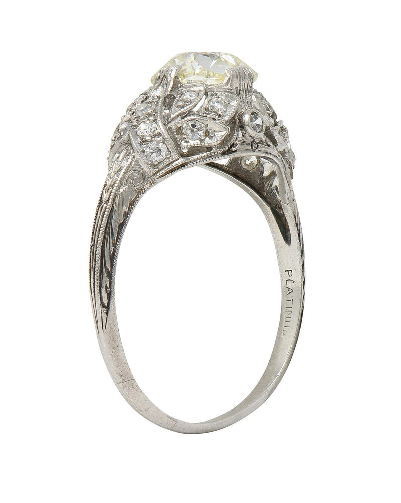 Art Deco 1.76 CTW Diamond Platinum Foliate Bombé Vintage Engagement Ring