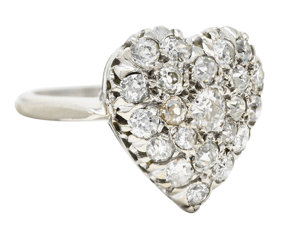 Edwardian 1.59 CTW Old Mine Cut Diamond 14 Karat White Gold Antique Heart Ring Wilson's Estate Jewelry