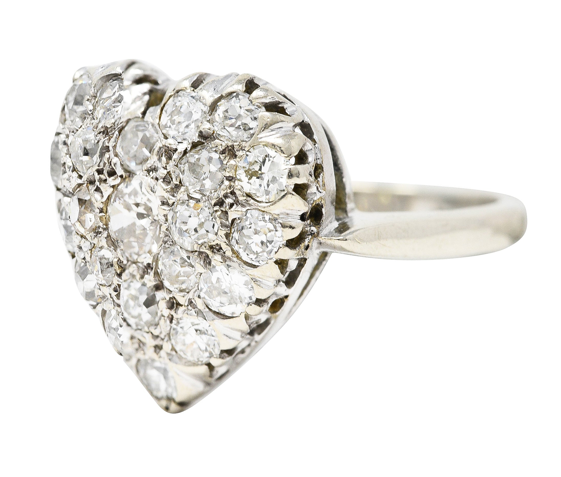 Edwardian 1.59 CTW Old Mine Cut Diamond 14 Karat White Gold Antique Heart Ring Wilson's Estate Jewelry