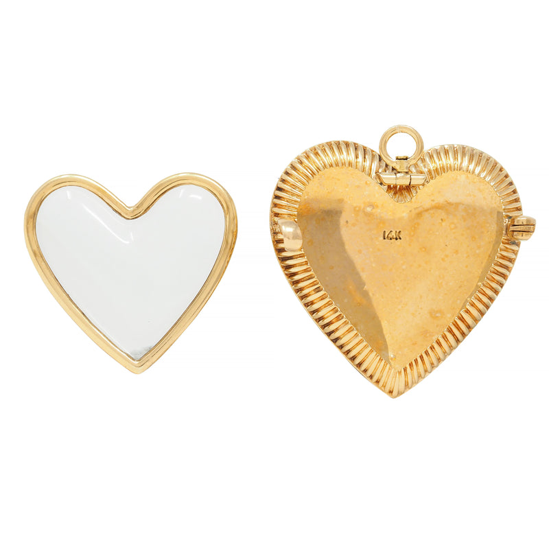Victorian Pearl Enamel 14 Karat Yellow Gold Heart Locket Antique Pendant Brooch