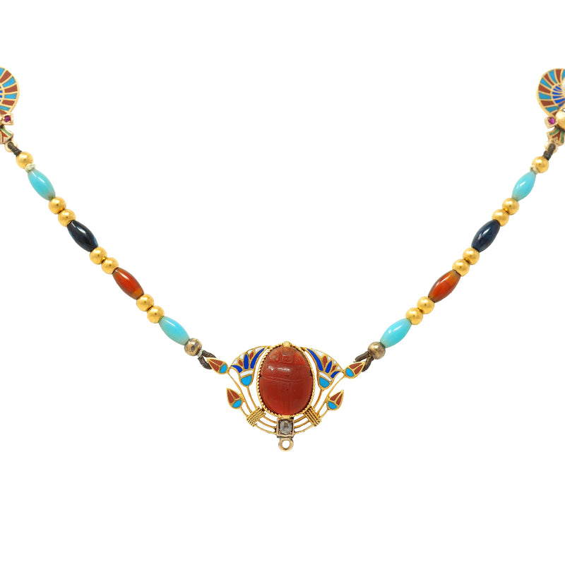 Victorian Egyptian Revival Multi-Gem Enamel 18 Karat Yellow Gold Beaded Necklace