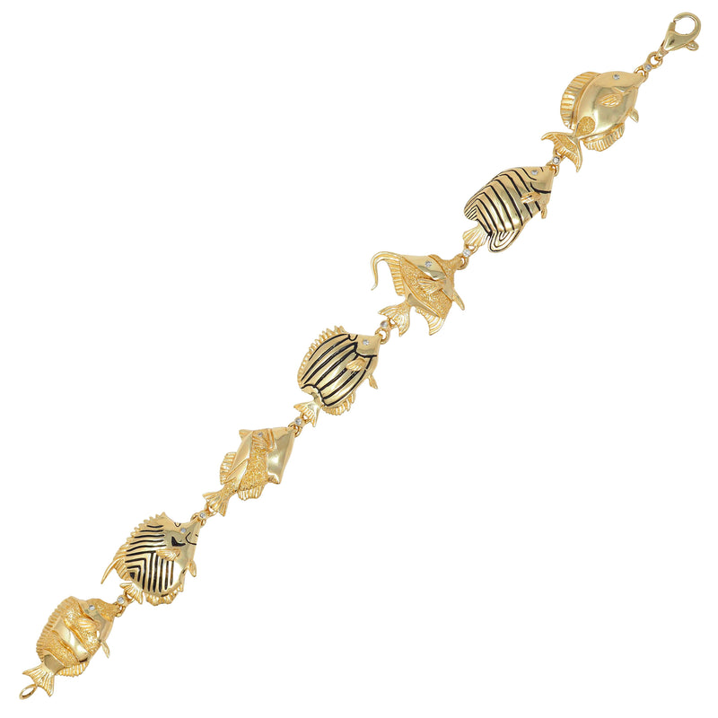 Vintage Diamond Enamel 14 Karat Yellow Gold Tropical Fish Link Bracelet