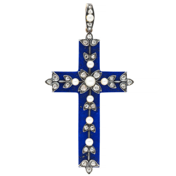 Victorian Lapis Lazuli Pearl Diamond 14 Karat Gold Silver Antique Cross Pendant