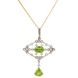 Edwardian Peridot Diamond 18 Karat Gold Silver Floral Drop Pendant Necklace