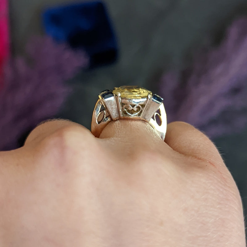 Art Deco 9.00 CTW Yellow Sapphire Diamond 14 Karat Gold Gemstone Ring Wilson's Antique & Estate Jewelry