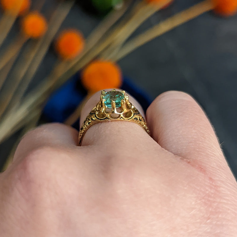 Victorian 0.90 CTW Emerald Enamel 14 Karat Yellow Gold Floral Ring Wilson's Estate Jewelry
