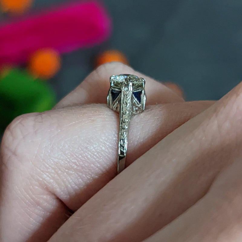 Art Deco 0.75 CTW Diamond Sapphire 18 White Gold Engagement Ring Wilson's Estate Jewelry