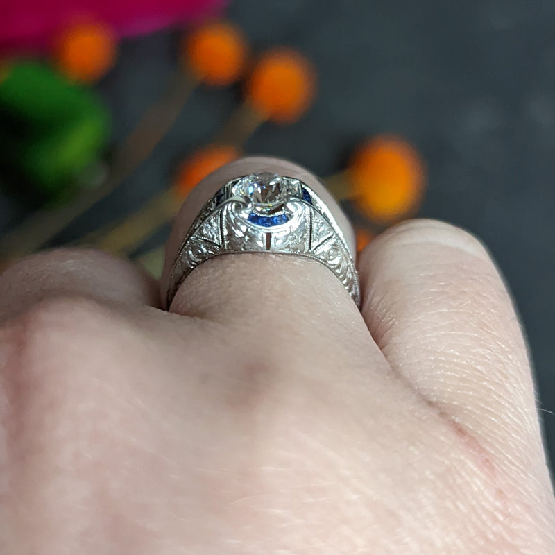 Art Deco 0.84 CTW Diamond Sapphire Platinum Floral Engagement Ring Wilson's Estate Jewelry
