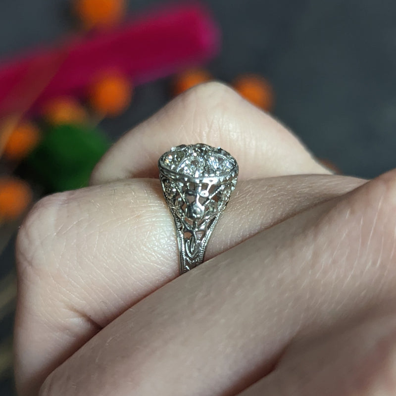 Art Deco 0.80 CTW Diamond 18 Karat White Gold Cluster Engagement Ring Wilson's Estate Jewelry