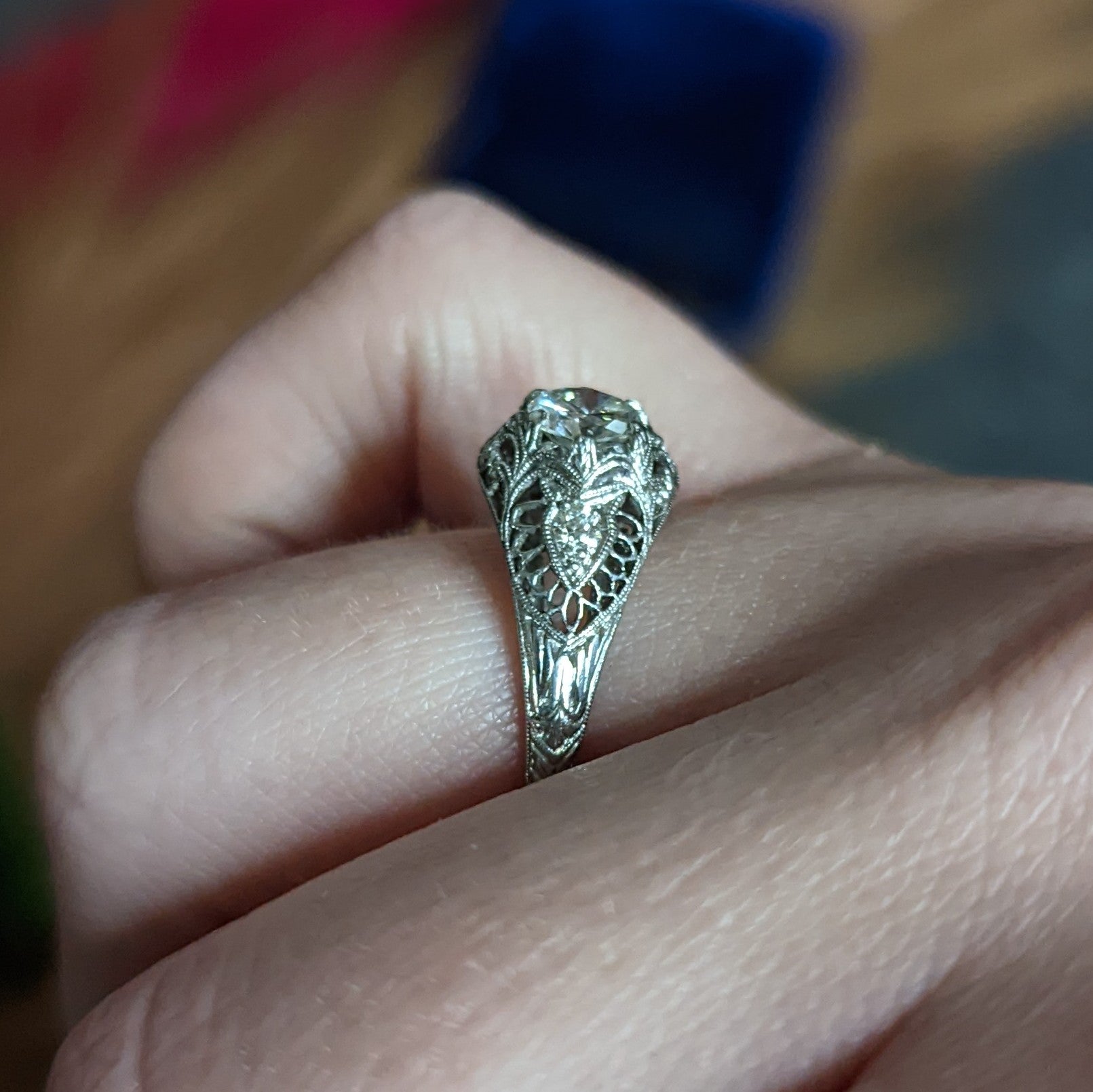 Late Edwardian 0.60 CTW Diamond Platinum Trellis Engagement Ring Wilson's Estate Jewelry