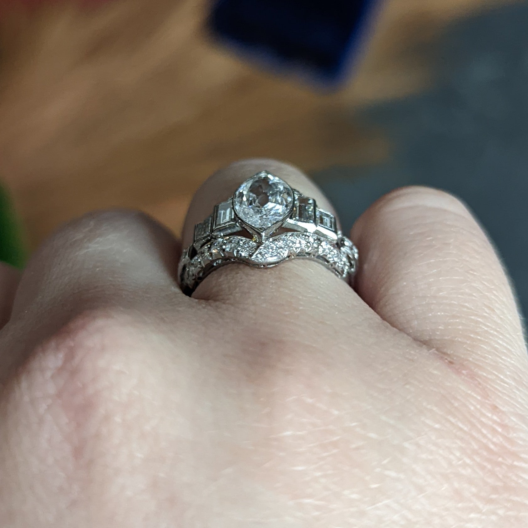 Art Deco 2.70 CTW Marquise Diamond Platinum Band Ring Wilson's Estate Jewelry