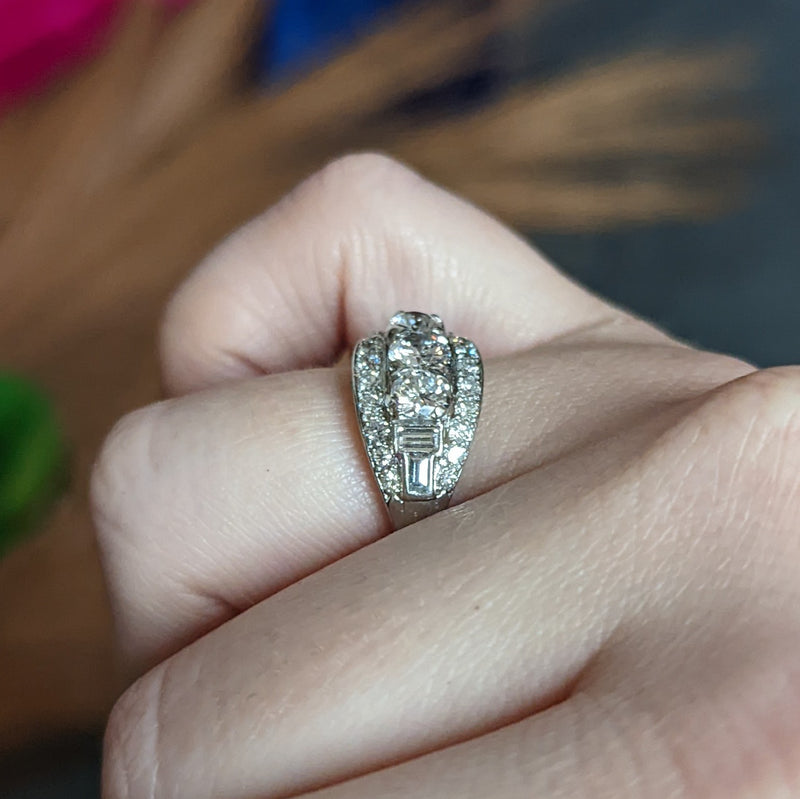 1950's Mid-Century 1.65 CTW Diamond Platinum Bombe Band Ring Wilson's Estate Jewelry